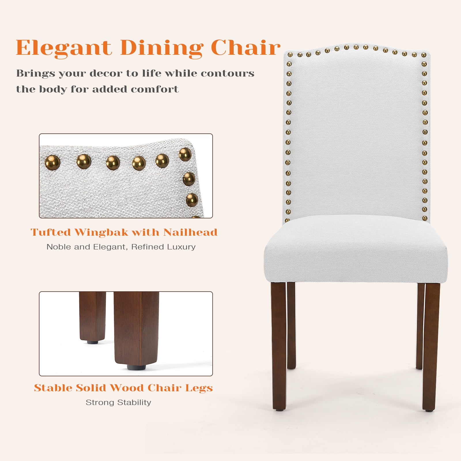 Gianna Dining Chairs Set of 2, Upholstered Fabric Dining Room Chairs with Wood Legs and Nailhead Trim, Mid-Century Style, Beige