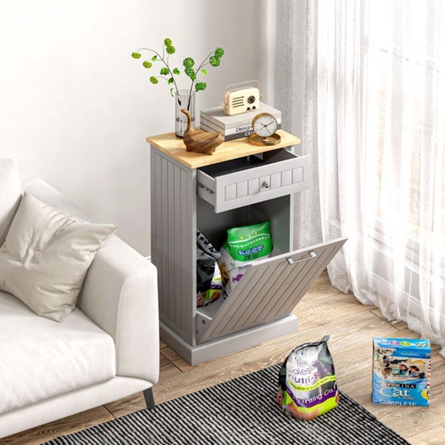 Tilt Out Trash Bin Cabinet with Drawer, Freestanding Kitchen Recycling Cabinet, MDF and Wood, 20 in Wide, 35.5 in High, Holds 88 lb