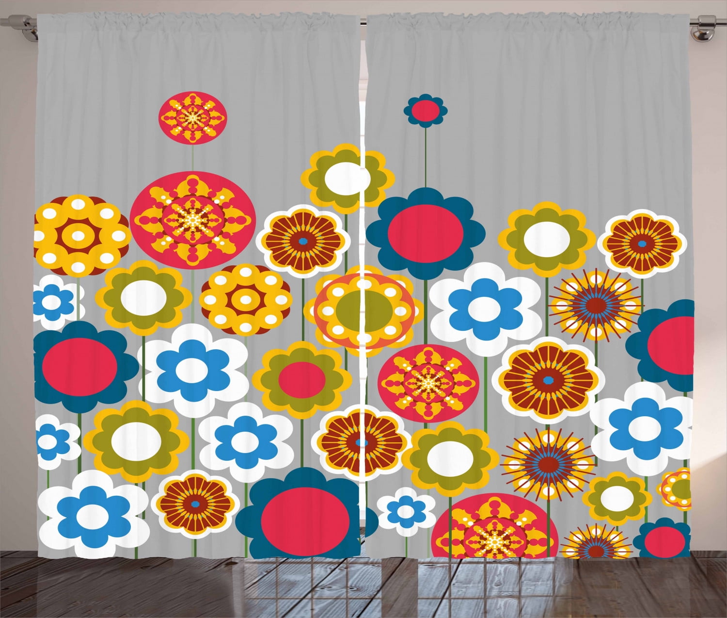 Floral Curtains 2 Panels Set Cute Flower Heads In Circular Shapes