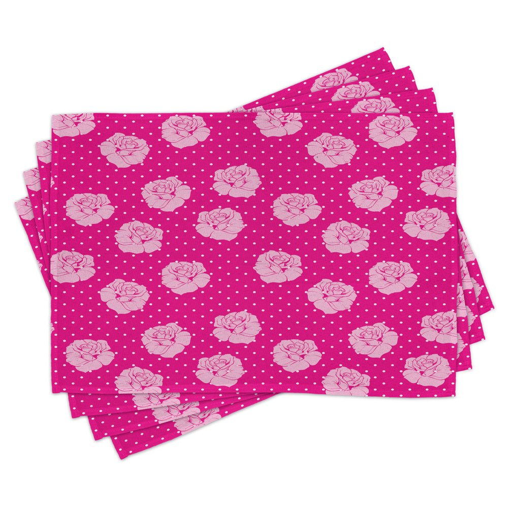 Hot Pink Placemats Set of 4 Vintage Pale Pink Roses on White Dotted Hot