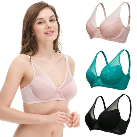 

Curve Muse Women s Plus Size Minimizer Unlined Underwire Bra With Floral Lace-3PK-BLACK PEACH GREEN-48DDD