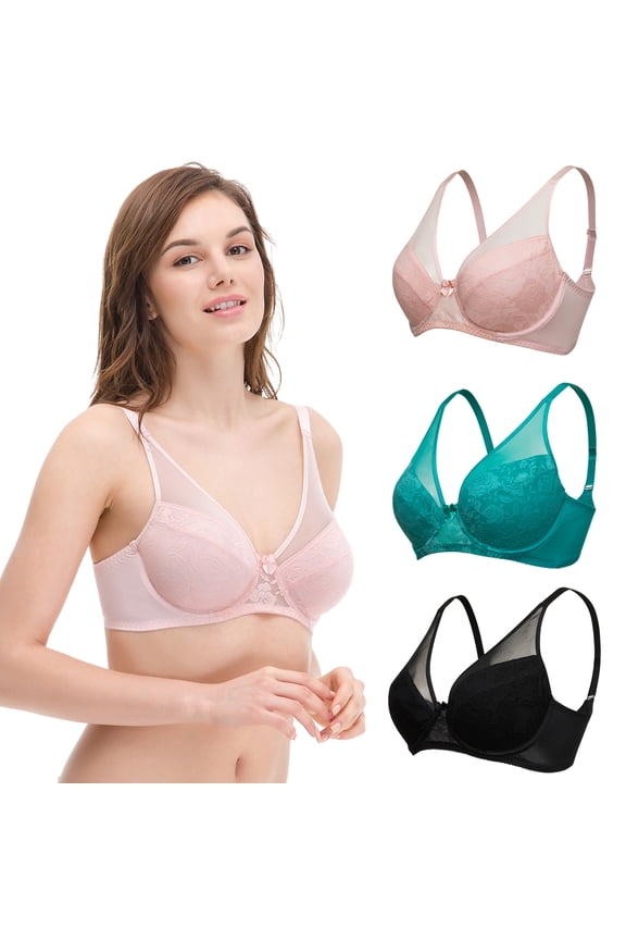 Women's Plus Size Minimizer Unlined Underwire Bra With Floral Lace-3PK-BLACK,PEACH,GREEN-48DD
