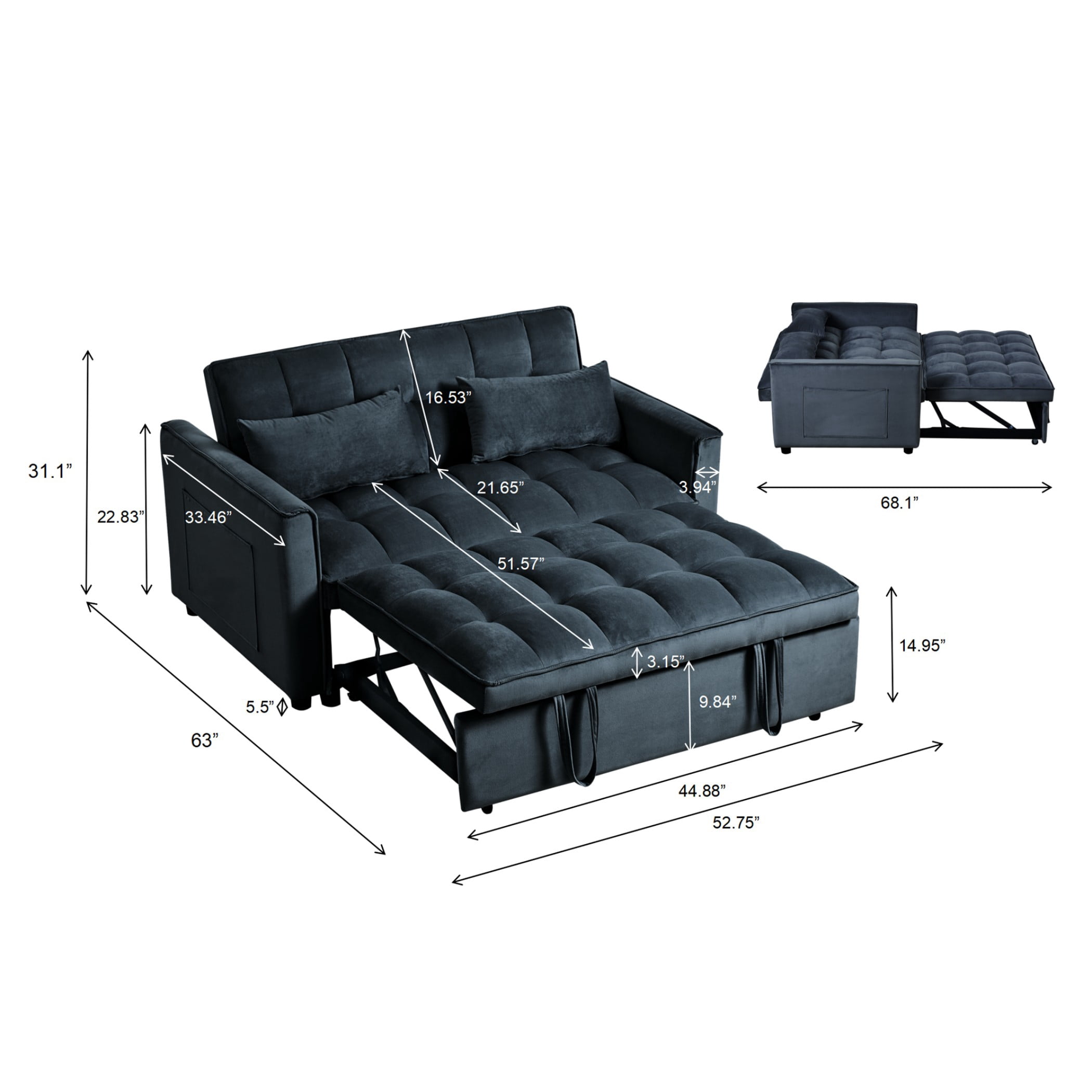 BSHTI 3 in 1 Convertible Pull-Out Loveseat Sofa Bed with 3-Level Adjustable Backrest – Velvet Tufted Sleeper Chair with Side Pockets for Small Spaces, Apartment, Office,Black
