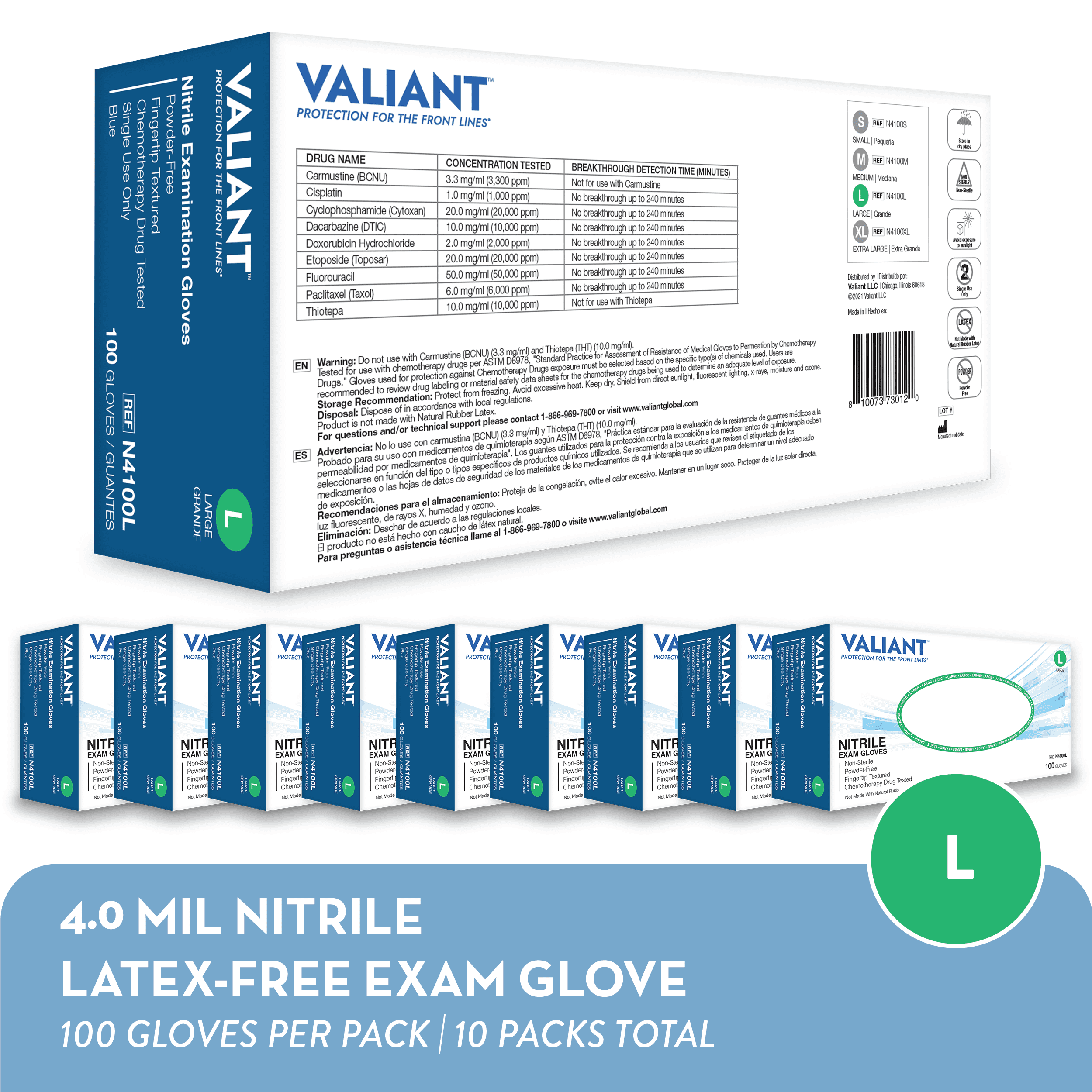 Valiant N4100 Nitrile Exam Gloves, Single Use Only, Fingertip Textured, Blue, Large, 100 Per Box, 10 Boxes (1,000 Gloves)