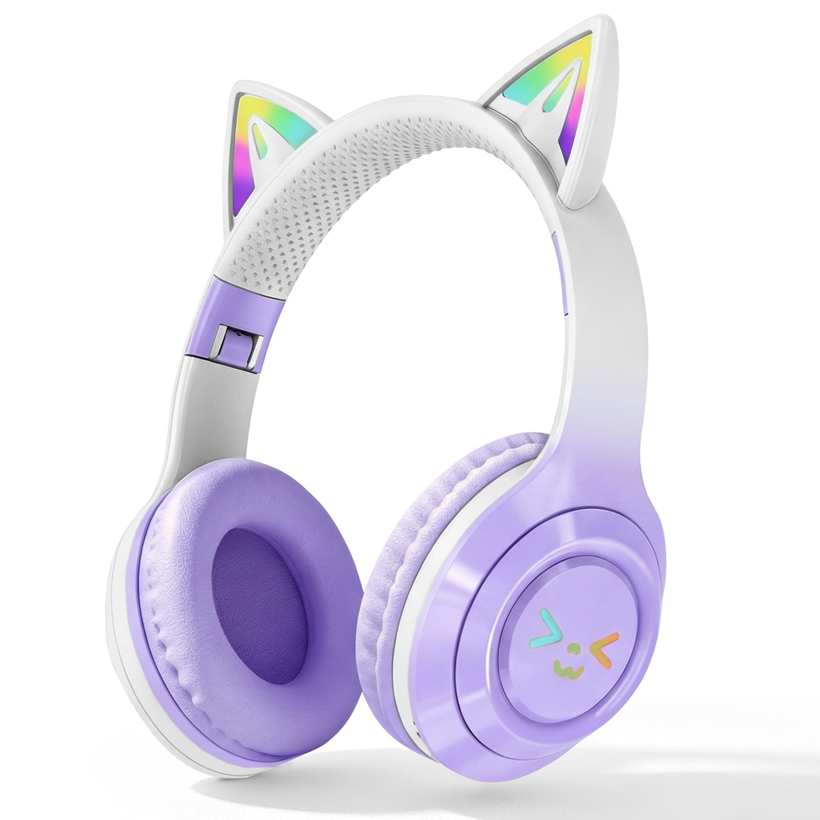 Rirool Cat Ear Bluetooth Headphones with LED Light, Wireless Foldable Headphones for Kids & Adults, Built-in Mic, SD Card Slot, Stereo Sound, 3.5mm Jack, Gray/Purple