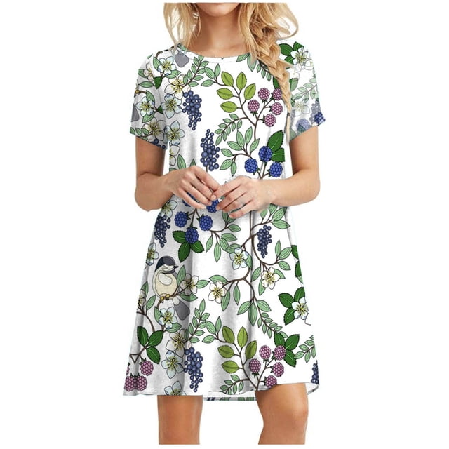 Robe Décontractée pour Femme, Unie, Ample, à Manches Courtes, Robe Ample à Imprimé Floral, Robe à Imprimé Tournesol