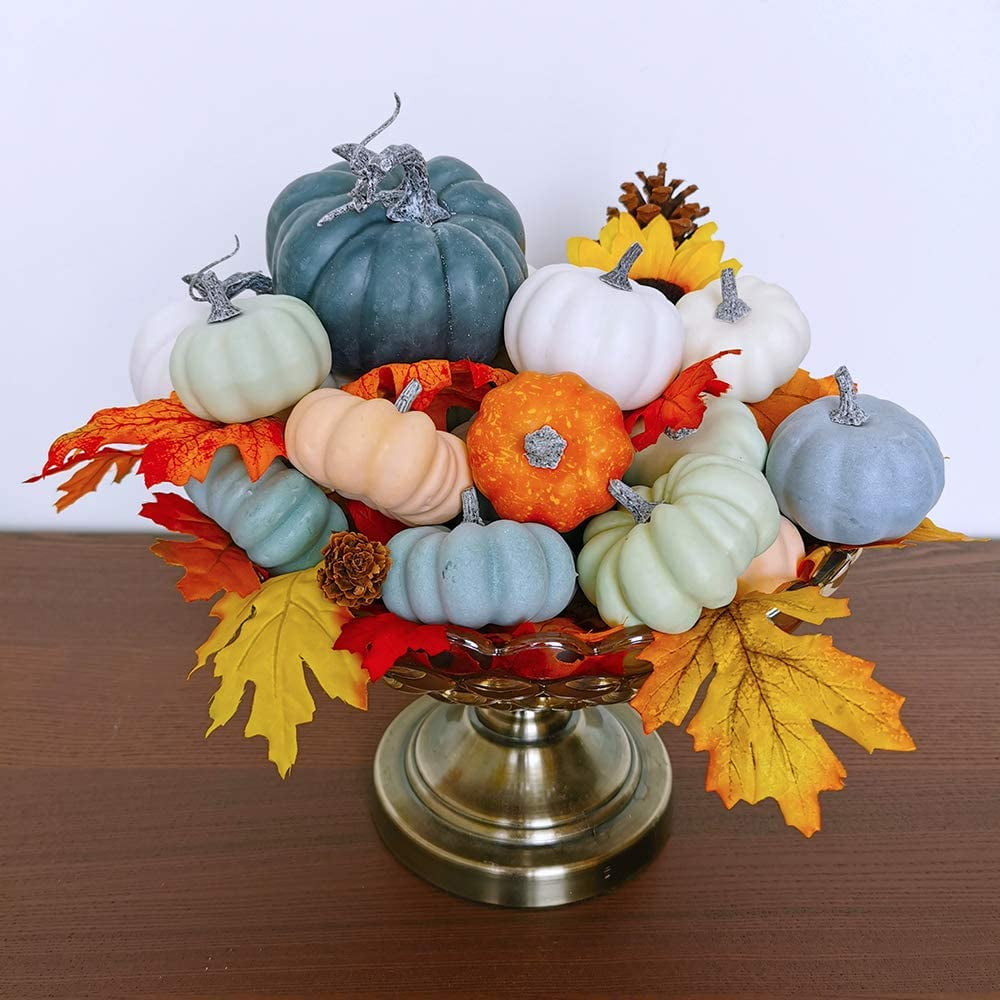 FUNARTY Package of 10 Harvest Artificial Pumpkins Assorted Size Fall Pumpkins for Autumn Halloween and Thanksgiving Decorating