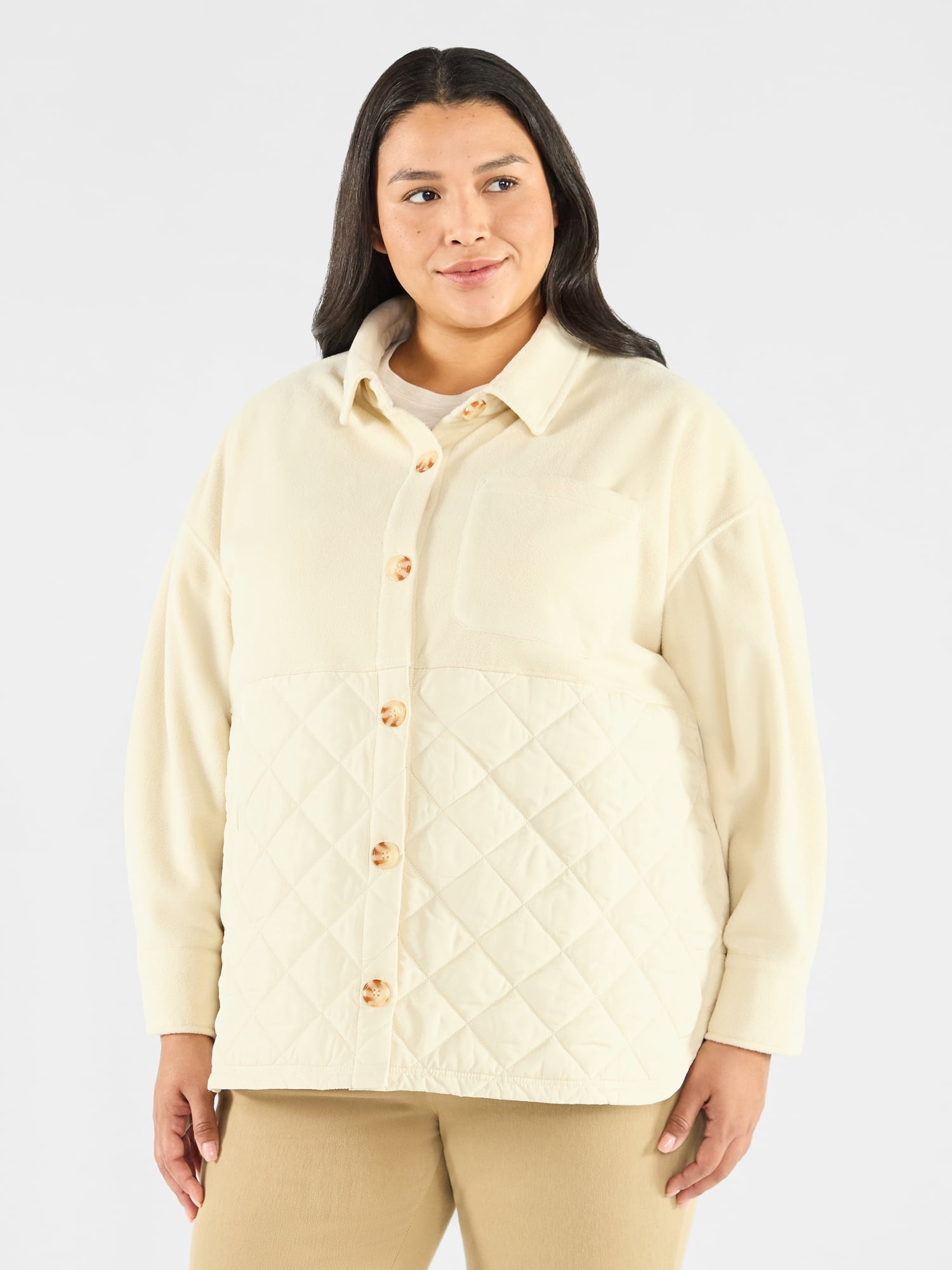 Terra & Sky Women's Plus Size Quilt Mix Button Front Shacket with Long Sleeves, Sizes 1X-5X