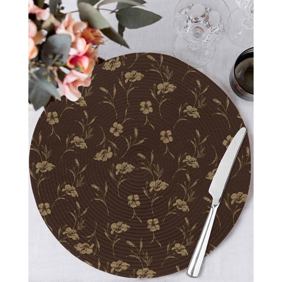 13 Inch Round Placemats Set of 4, Brown Floral Non Slip Heat Insulation PP Table Mats, Vintage Spring Botanical Flowers Washable Place Mats for Kitchen Dining Party Table Decor