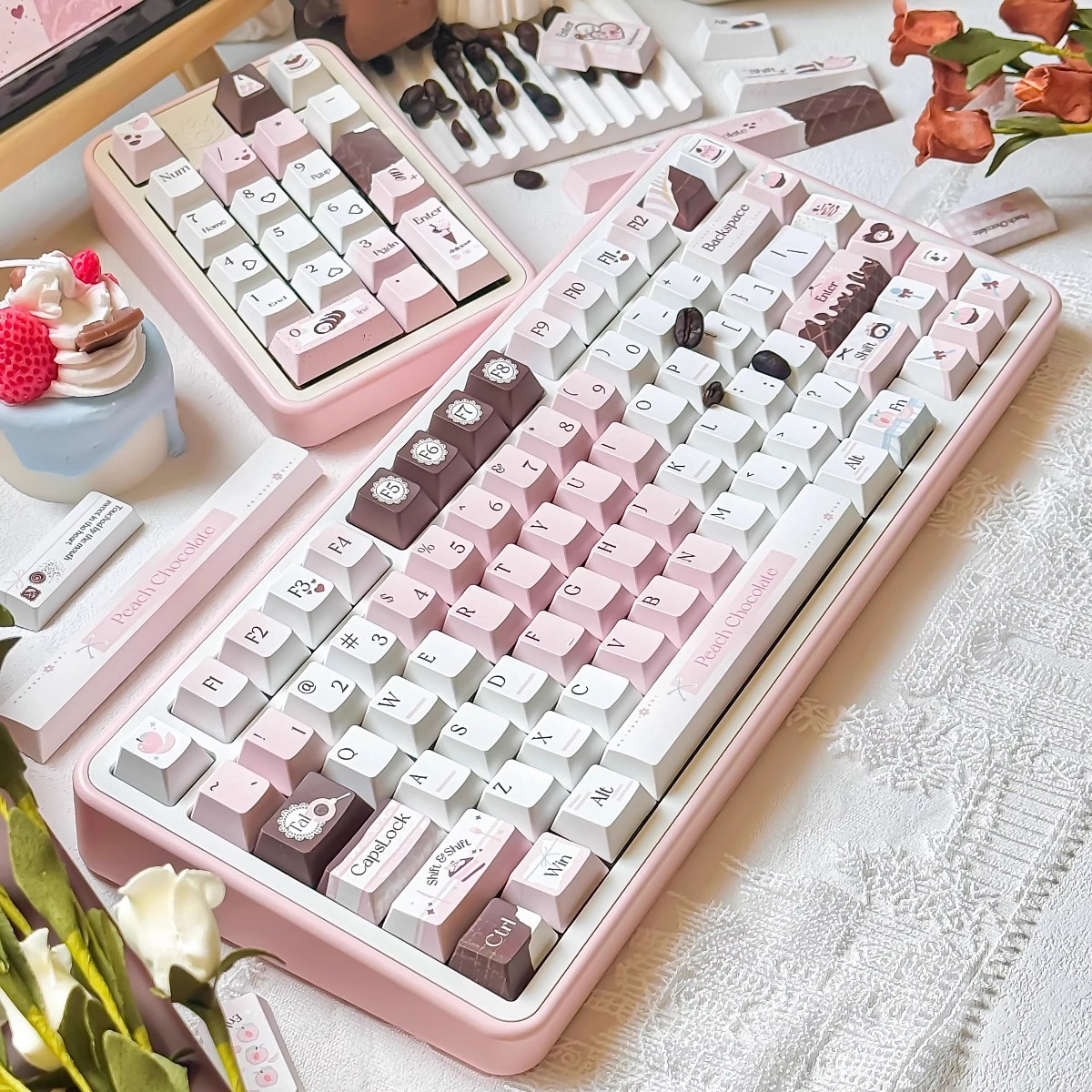 Original Peach Pink Cream Heart-Shaped Keycaps, Custom Mechanical Keyboard Keycaps – 4 Styles: OEM Heart Version (Full Set 149 Keys + Keycap Puller / Mini Set 130 Keys + Keycap Puller), FOA Heart Ver