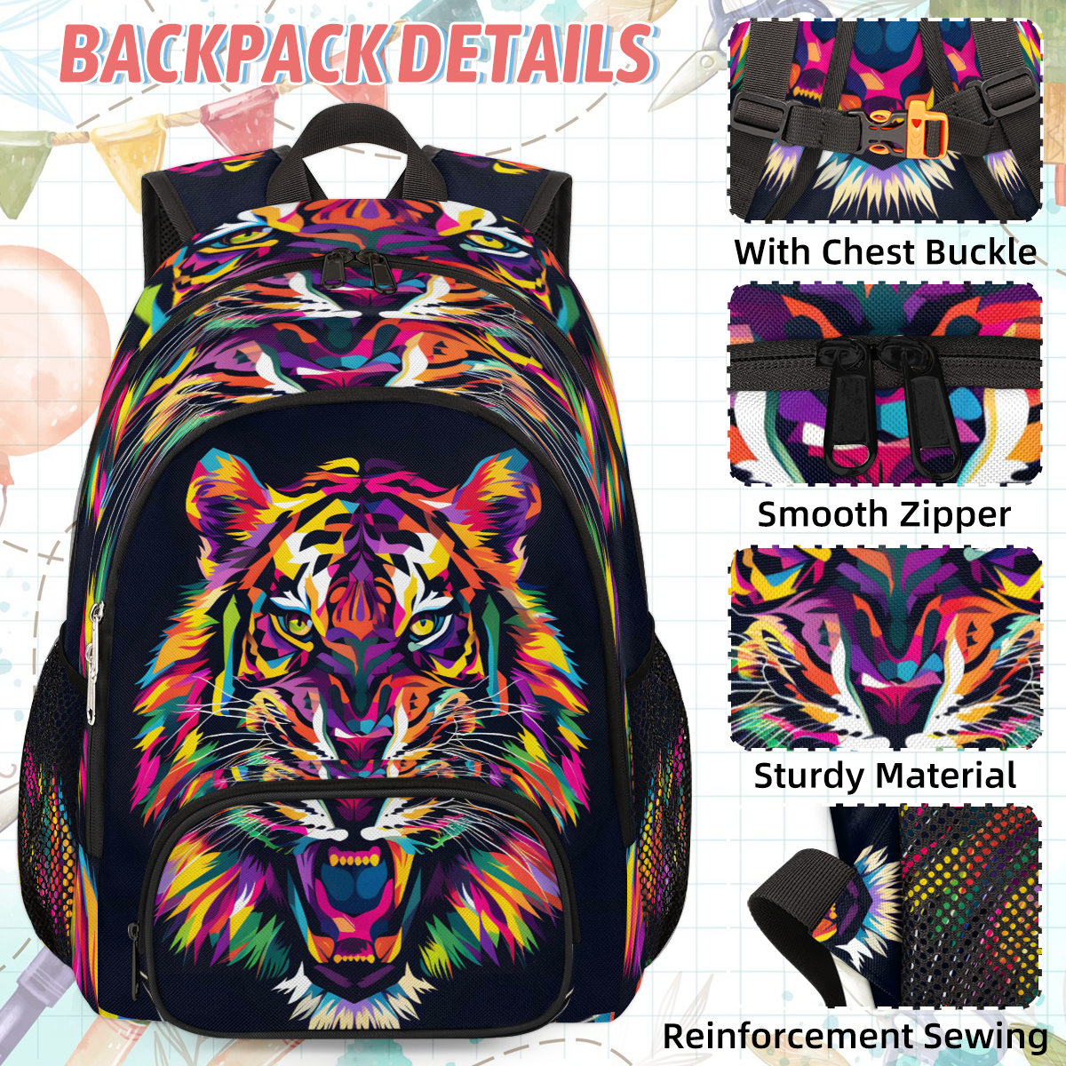 Herdesigns Tiger Large Backpack Set with Lunch Box Lightweight Water Resistant Travel Laptop Backpacks Casual Daypacks for Women Men