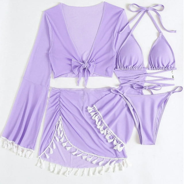 Traje de baño para mujer, traje de baño de cuatro piezas, bikini liso con vendaje, push-up, acolchado, traje de baño, conjunto de ropa de playa, trajes de baño para mujer