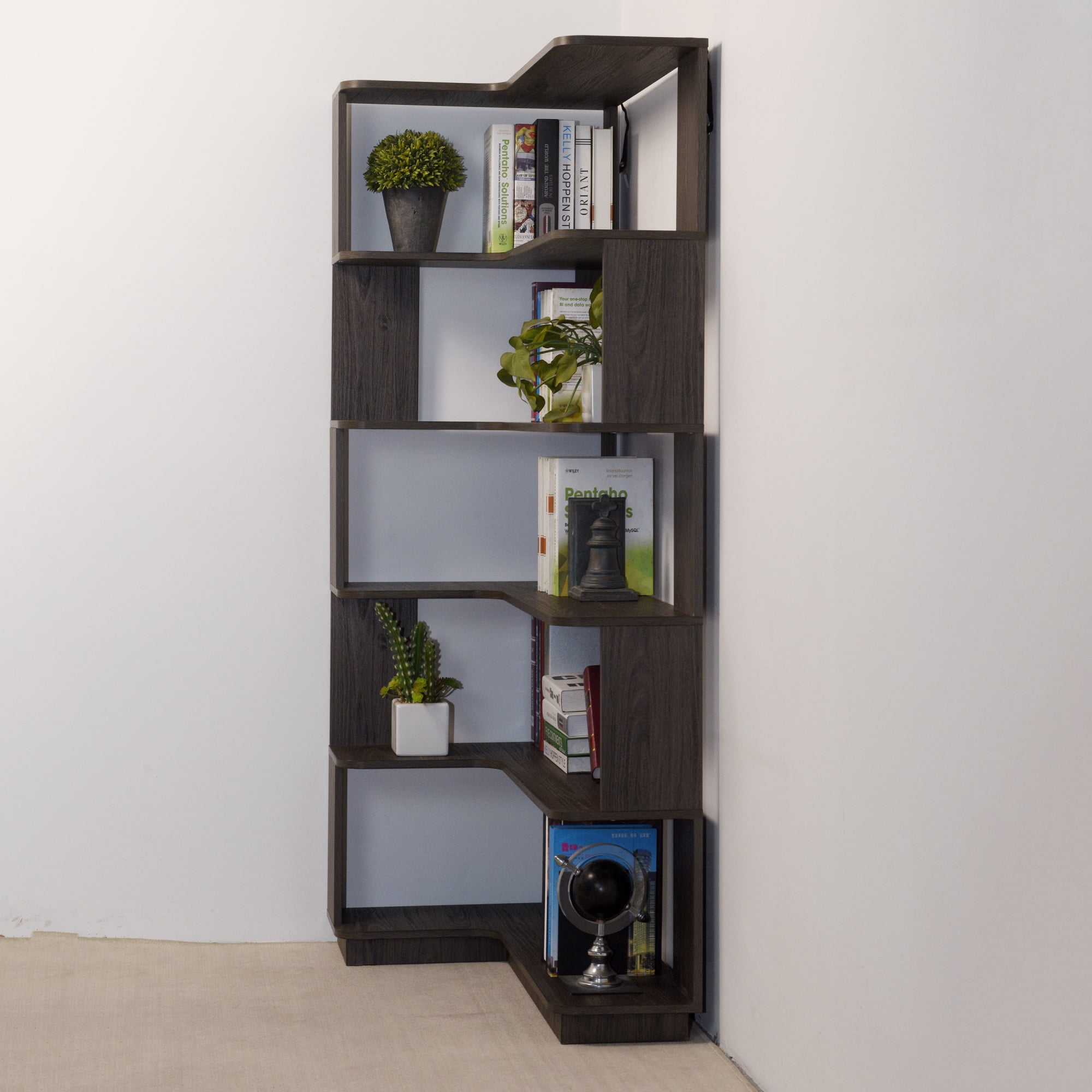 Leumius 5 Tier Freestanding L-Shaped Corner Bookshelf,Wooden Bookcase with Anti-drop Panel and Anti Tipping Device, Display shelf Open Storage,Dark Brown