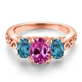 thumbnail image 3 of Gem Stone King 18K Rose Gold Plated Silver Pink Created Sapphire and London Blue Topaz Filigree Style 3 Stone Ring for Women (2.85 Cttw, Oval 8X6MM and 6X4MM) (Size 9), 3 of 6