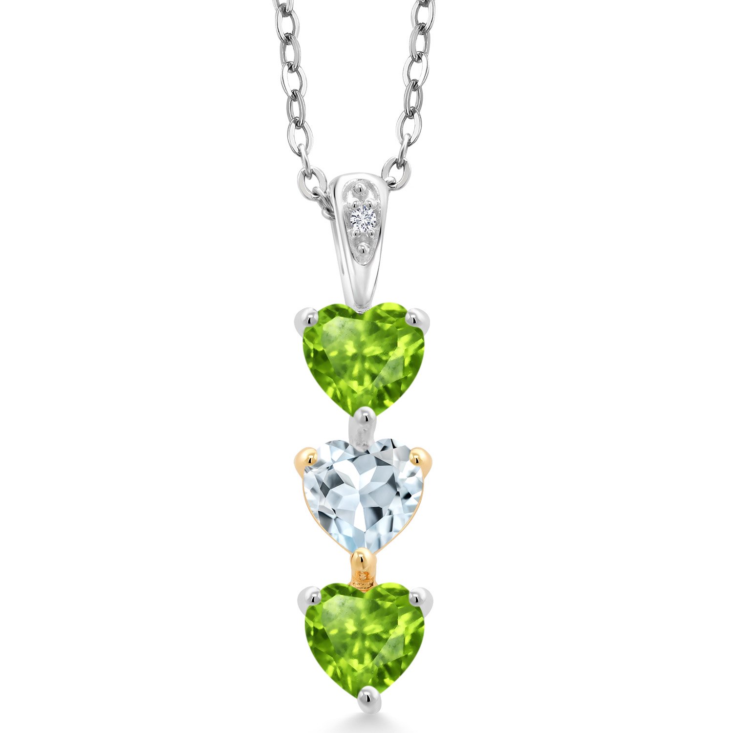 Gem Stone King Keren Hanan Lab Grown Diamond 3 Stone Heart Shape Pendant Necklace with Chain 1.42 Ct Green Peridot Sky Blue Aquamarine 925 Silver and 10K Yellow Gold