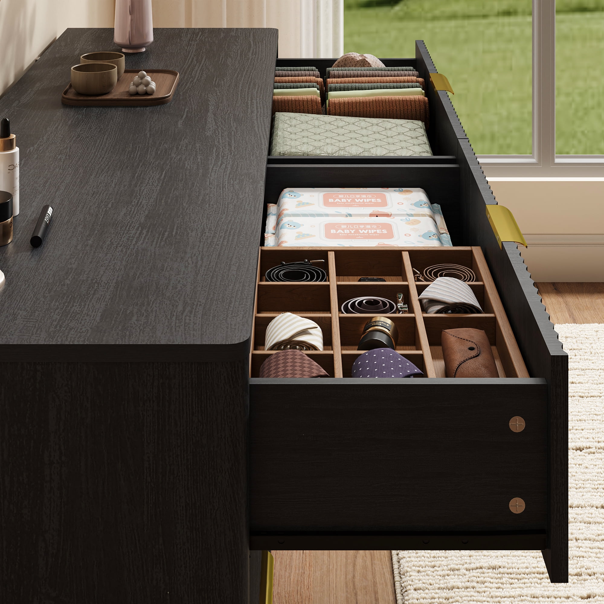 YouTrend Fluted 6 Drawers Dresser, 55.1" Wide Modern Chest of Drawers with Wood Foot, Dresser TV Stand Up to 65 Inch TV, Wood Drawer Organizer for Bedroom, Living Room, Hallway