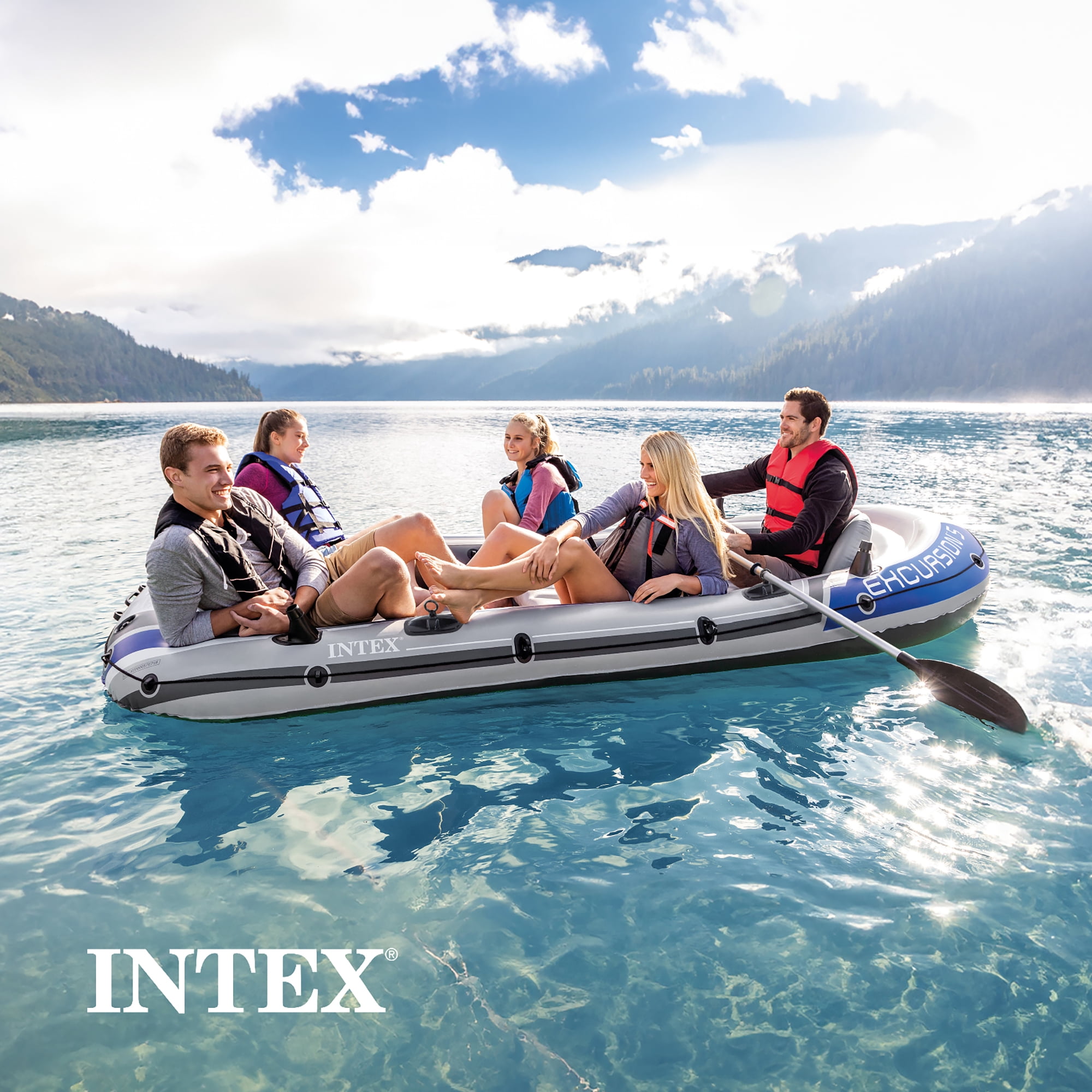 Intex Excursion 5 Inflatable Boat Set w/Transom Mount Trolling Motor