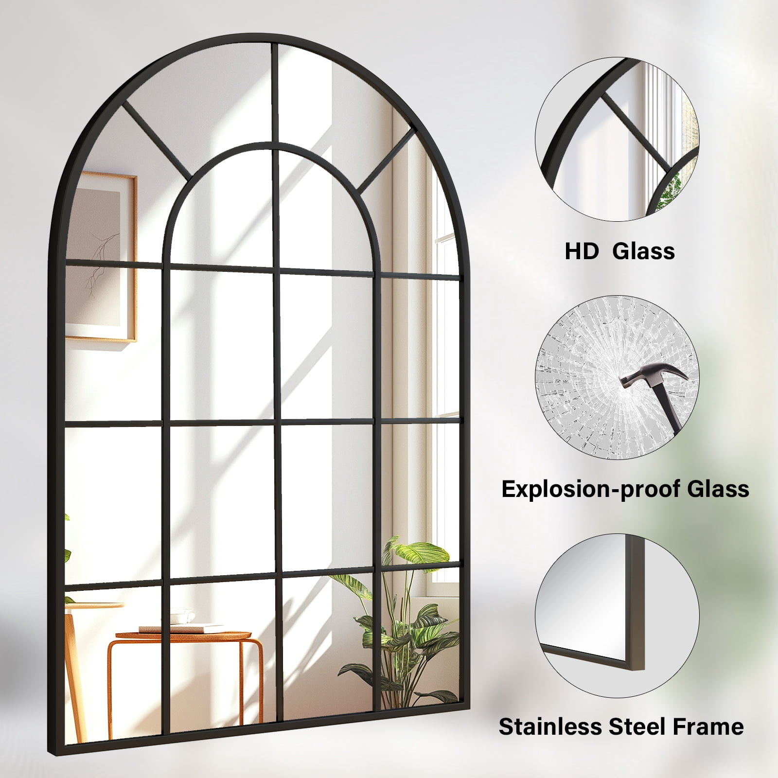 Easy4Home 40" x 30" Windowpane Arched Mirror Decorative Grid Wall Mirror, Black