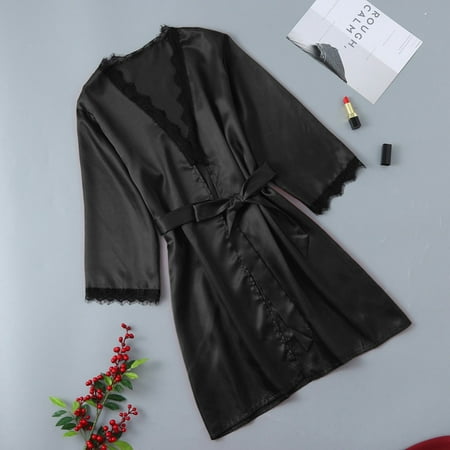 

Cathalem Lingerie with Garter Women Long Sleeve Pajamas Satin Patchwork Robe Fashion Underwire Lingerie for Women Underwear Black Medium