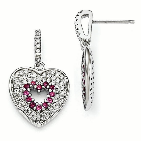 Sterling Silver Brilliant Embers Pink & Clear CZ Heart Dangle Post Earrings Sterling Silver Earrings