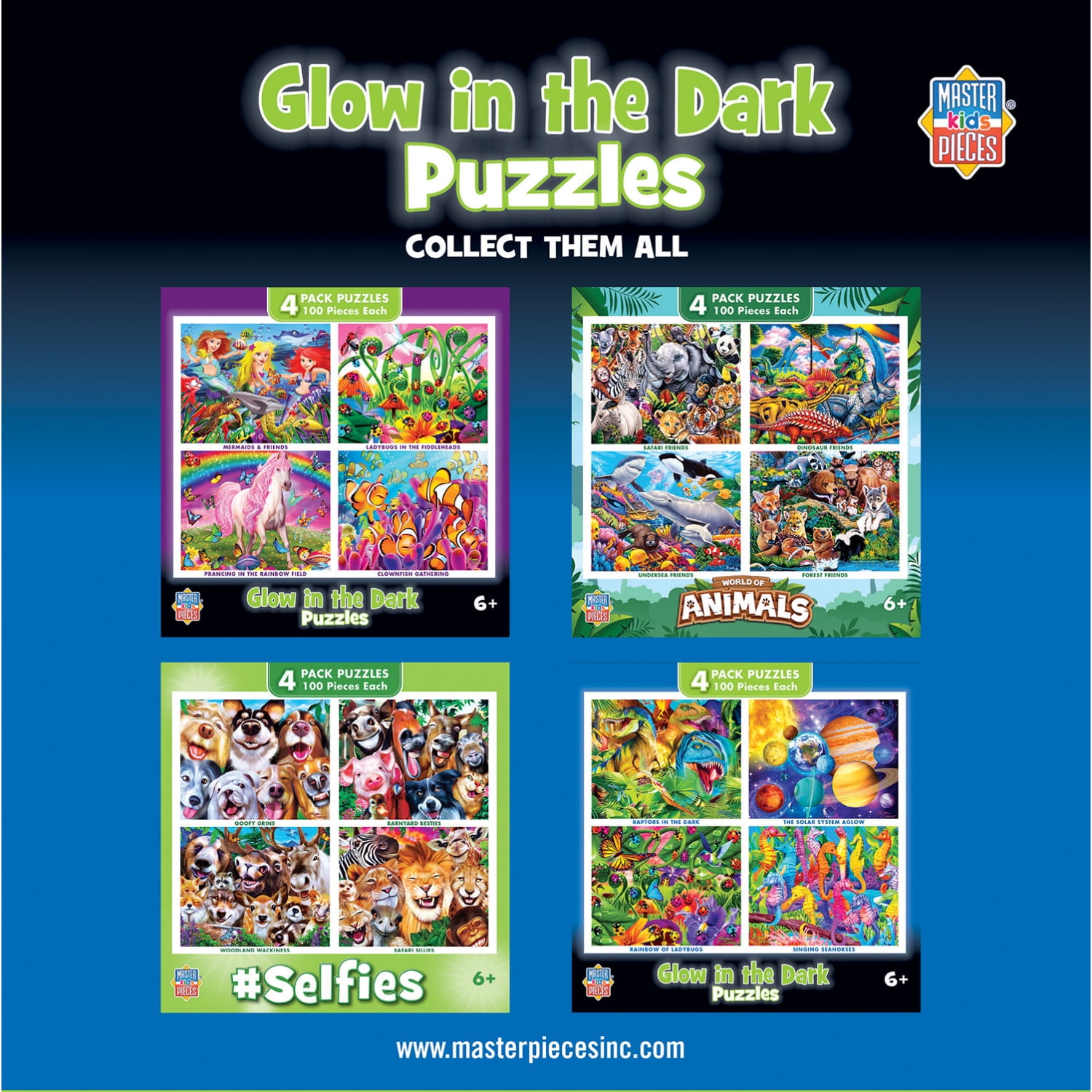 MasterPieces Glow in the Dark 100 Piece Jigsaw Puzzle Set - Blue 4-Pack for Kids