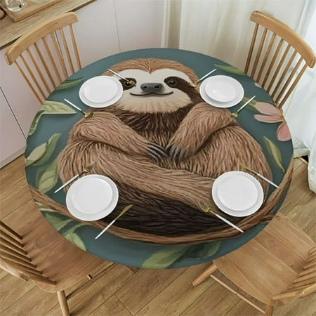 

Sheronv Sloth Branch Flowers Round Table Cover Stain Resistant Washable for Indoor Outdoor Kitchen Dining Wedding Parties 100% Polyester Tablecloth Picnic Camping 54 -58