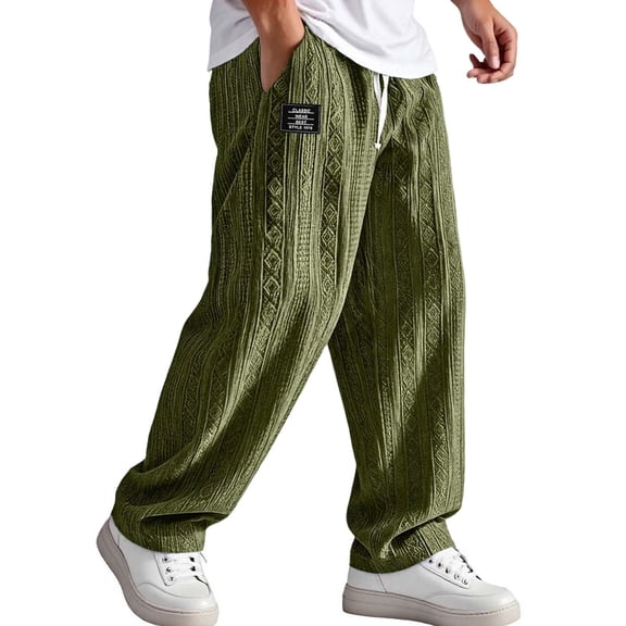 XIAONU Men's Cable Knit Print Pant Loose Wide Leg High Waisted Drawstring Ankle Jogger Soft Cozy Casual Pants