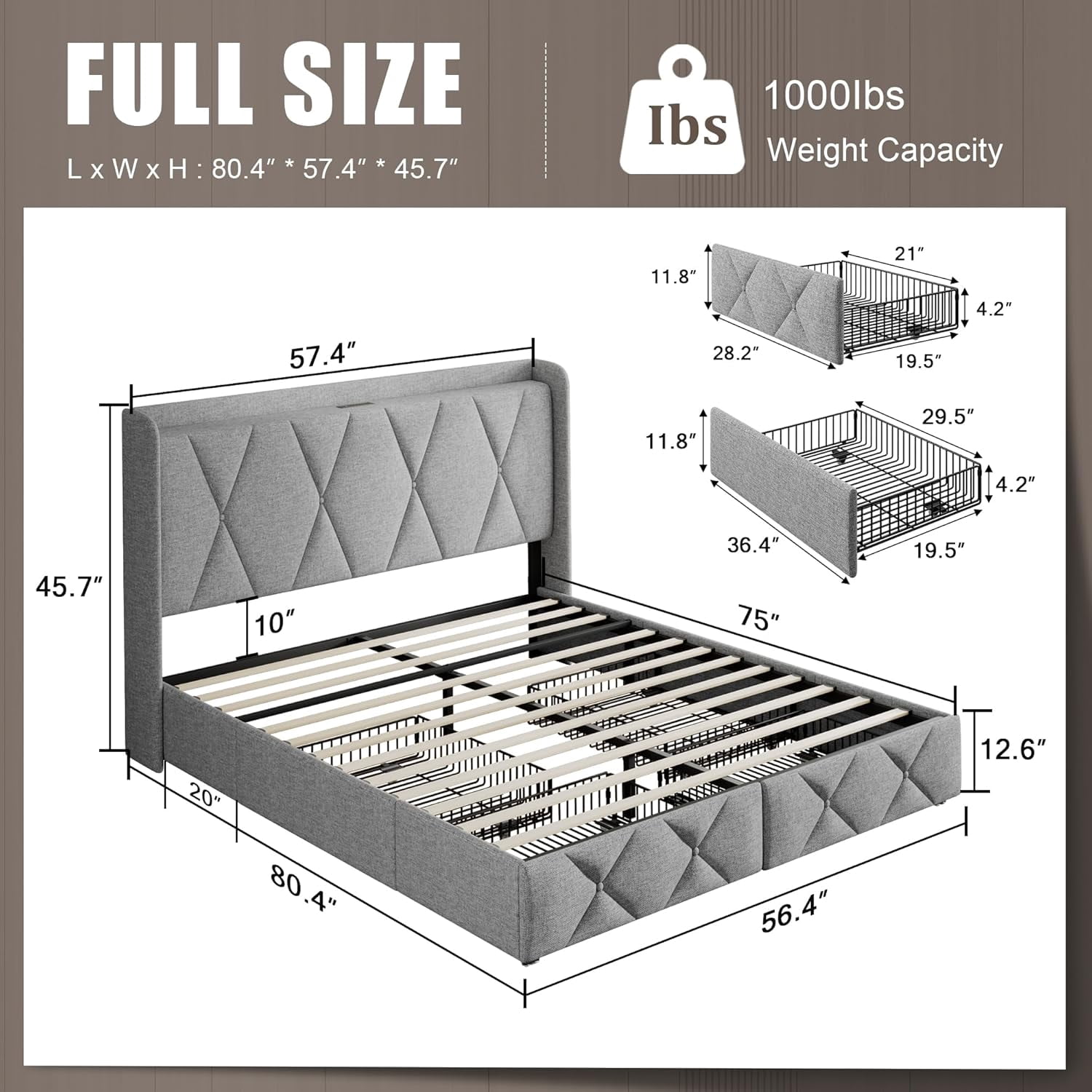 iPormis Full Size Bed Frame with Charging Station , Upholstered Bed with 4 Storage Drawers, Light Grey