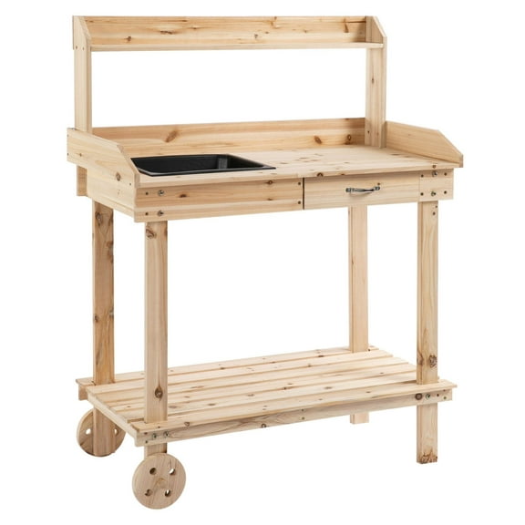 COCOKUN Potting Bench Workstation with Wheels & Sink, Natural Wood Outdoor Garden Table with Drawer & Shelves, Large Storage for Gardening Tools, Mobile Workstation for Patio