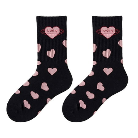 

GHOONEY Women Student Sweet Love Heart Print Crew Socks Harajuku Black White Ribbed Japanese College Style Lolita Kawaii Cotton Anklet Hosiery
