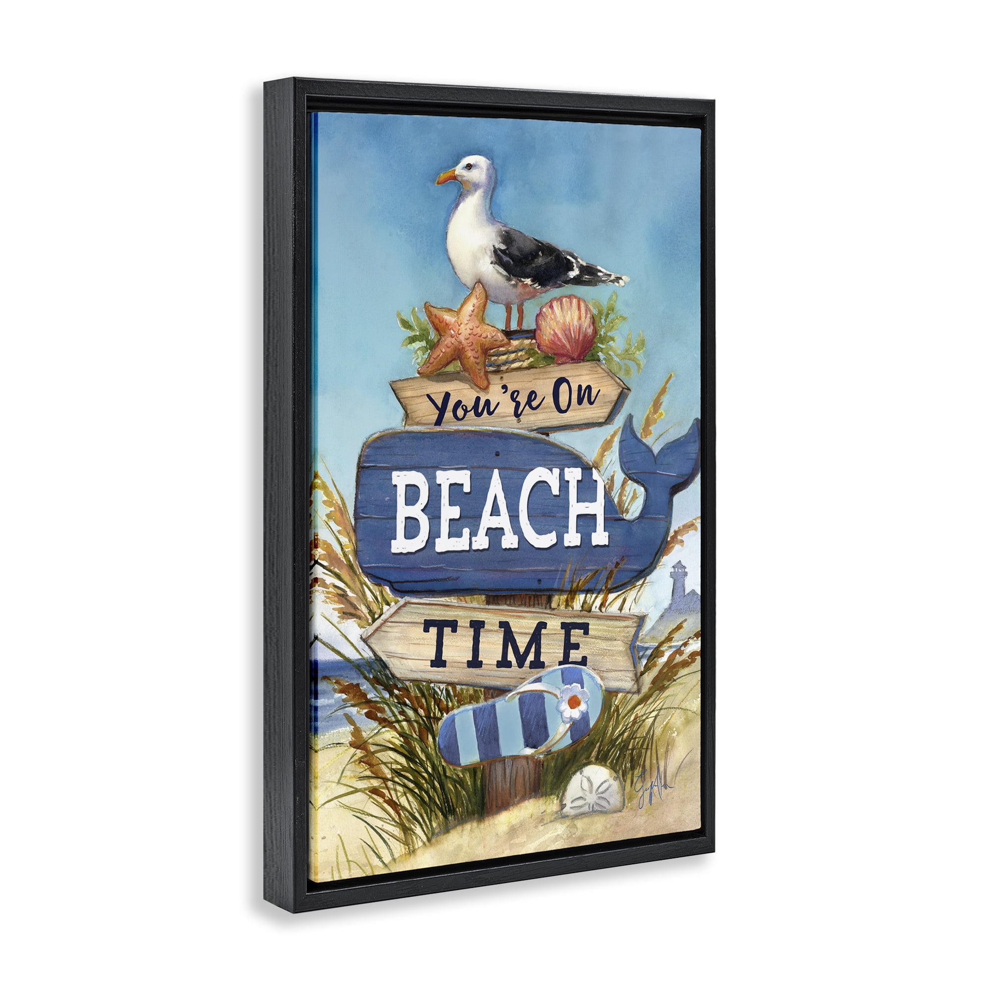 Stupell Industries On Beach Time Sign Nautical & Beach Painting Black Floater Framed Canvas Art Print Wall Art, 17 x 25