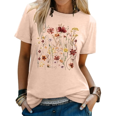 Womens Tshirt Floral Print Short Sleeve Crewneck Loose Top Womens Blouse Beige L