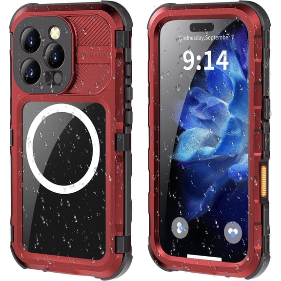 iPhone 16 Pro 6.3 inch Waterproof Case Compatible with MagSafe, Magnetic Waterproof Metal Full Body IP68 Underwater Case Built-in Screen Protector Military Grade Shockproof Cover