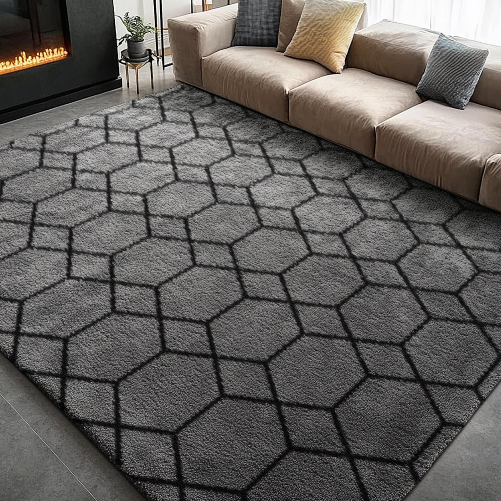 Pentantan 8ft x 10ft Shag Area Rugs for Living Room, Modern Geometric Fluffy Bedroom Carpet, Black & Gray