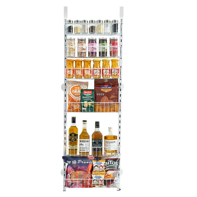 KFFKFF Over the Door Pantry Organizer, 6-Tier Pantry Organization and Storage, Heavy-Duty Steel Hanging Spice Rack, Adjustable Wall Seasoning Shelves, for Home Kitchen Laundry Room Bathroom, White