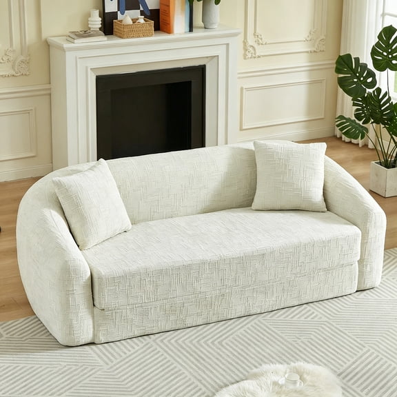 Shaiailed 87" White Convertable Sofa Bed,Brushed Texture Foldable Sofa Bed with Two Pillows,Deep Seat Apartment Size Couch,Chenille Sofa for Living Room,No Assembly Required