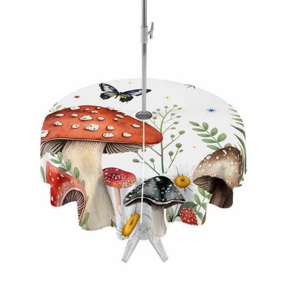 Outdoor Tablecloths with Umbrella Hole & Zipper, Spring Mushrooms Round Tablecloths 60 Inch, Farmhouse Pastoral Botanical Watercolor Waterproof Table Cloth, Patio/Pool/Picnic Table Covers