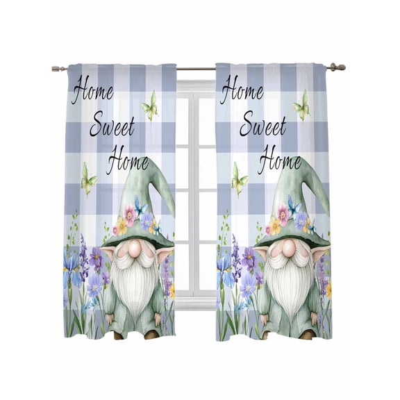 Spring Gnomes Curtains 72 Inch Length, Sheer Curtains for Bedroom Living Room Window Botanical Flowers Purple Buffalo Plaid Rod Pocket Voile Drapes Kitchen Curtains Small Half Window 52"x72" 2 Panels