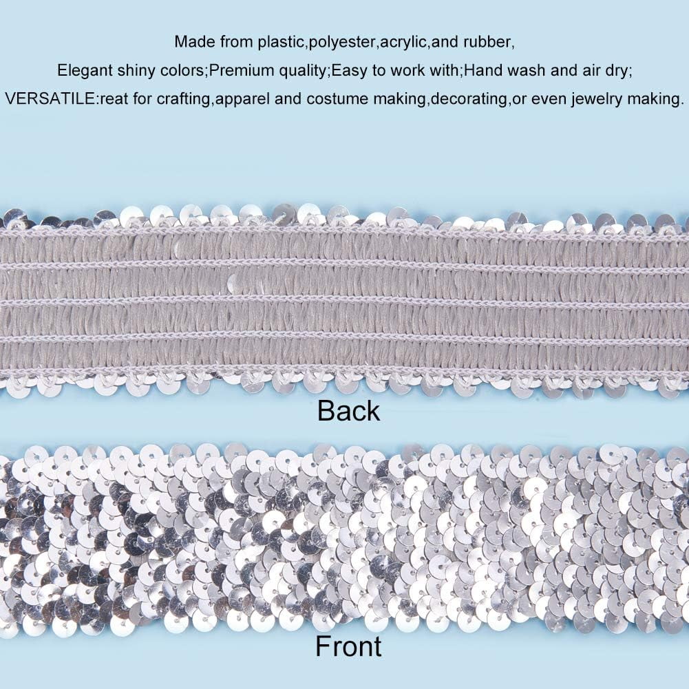 Elastic Sequin Flat Glitter Stretch Bling Paillette Fabric Ribbon Applique Trim Lace Band for Dress Embellish Headband (45mm/ 1.7inch Wide 10yards Long Silver)