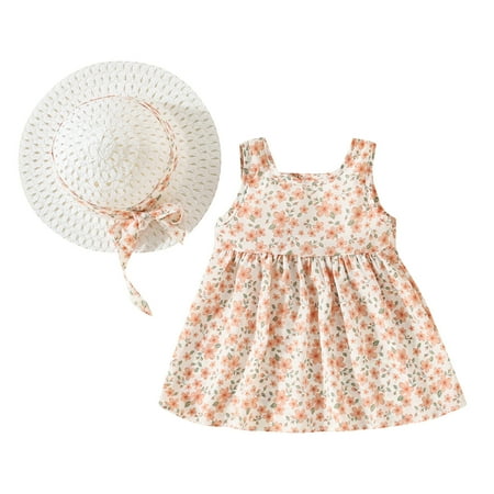 

GWAABD Casual Dress Girls Pink Cotton Blend toddler Girls Dress Sleeveless Floral Skirt Bow Cute Sweet Suspender Dress Princess Dress with Hat 5