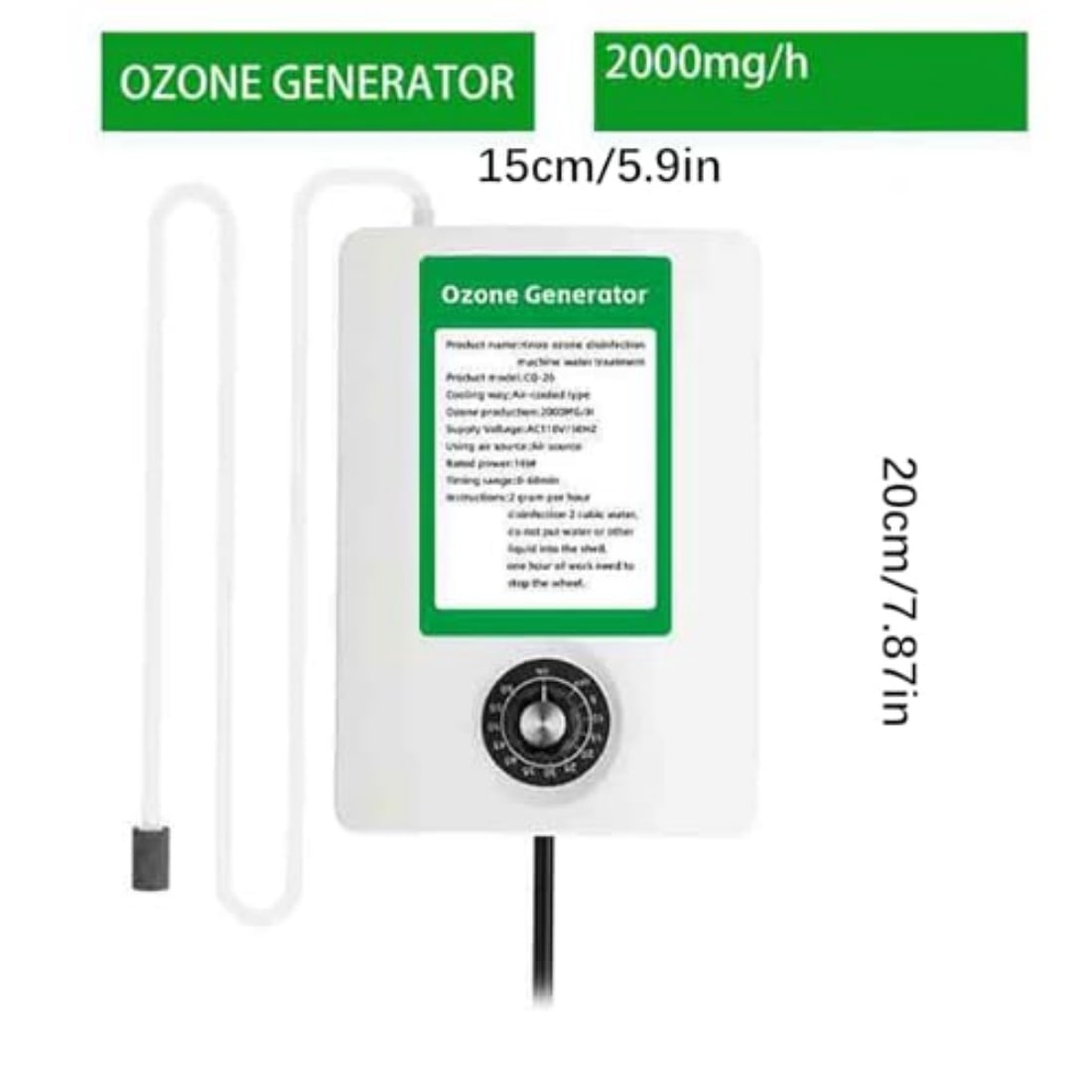 2000 mg/hour ozone generator with timer, portable ozone machine, suitable for cold water soaking, ice bath, hot tub, spa and water purification.
