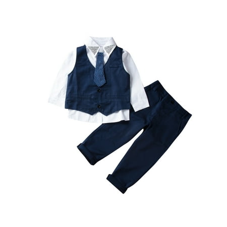 

4Pcs Toddler Baby Little Gentleman Boy Suits Set Tuxedo Waistcoat + White Dress Shirt+ Tie+ Suit Pants