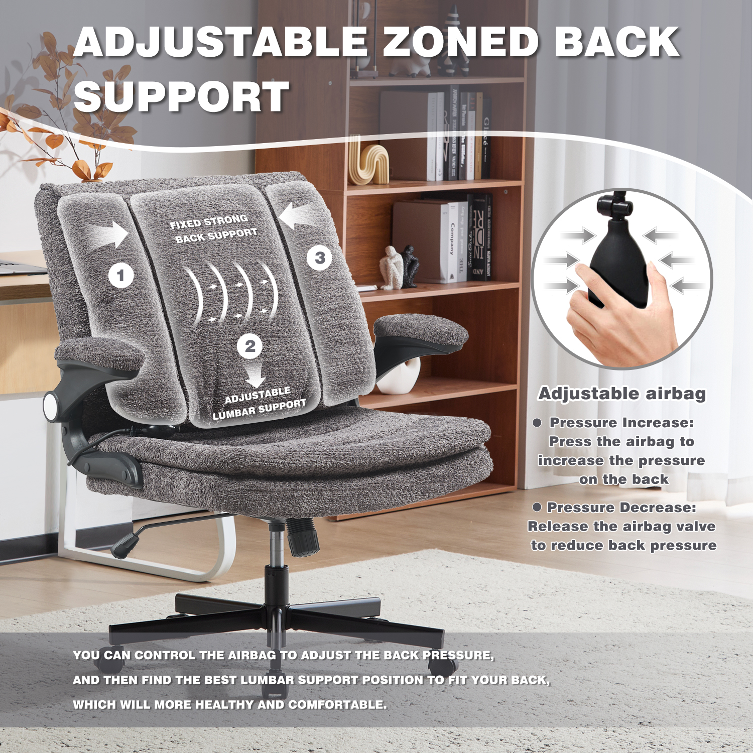 Wide Criss Cross Chair with Flip Up Back Cushion and Arms, Ergonomic Cross Legged Office Chair with Dynamic Lumbar Support, Upholstered Swivel Rolling Vanity Chair for Customized Comfort