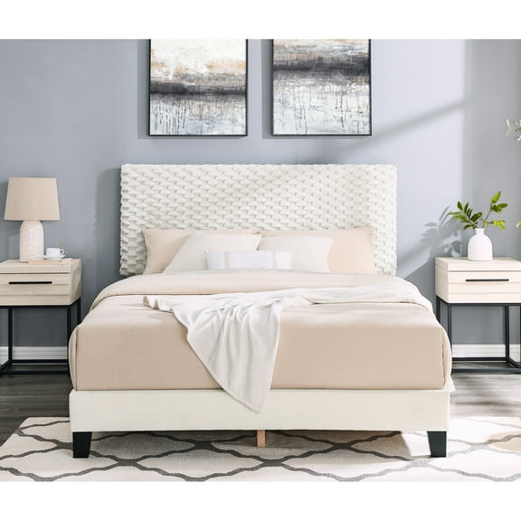 Bedroom With 3d Upholstered Bed And 2 Nightstands, Full, Wood Construction 3 , Full Finish, Modern Look