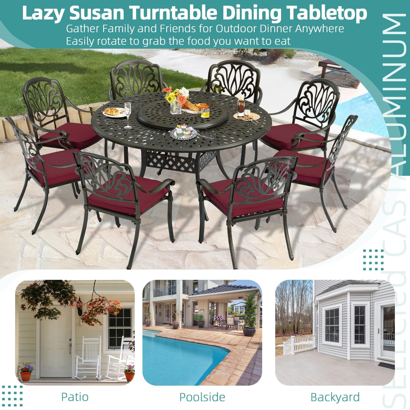 MEETWARM 9-Piece Outdoor Furniture Dining Set, All Weather Cast Aluminum Patio Garden Set- 8 Cushioned Chairs, 61" Round Patio Dining Table with Detachable Lazy Susan, 2" Umbrella Hole, Chili Red