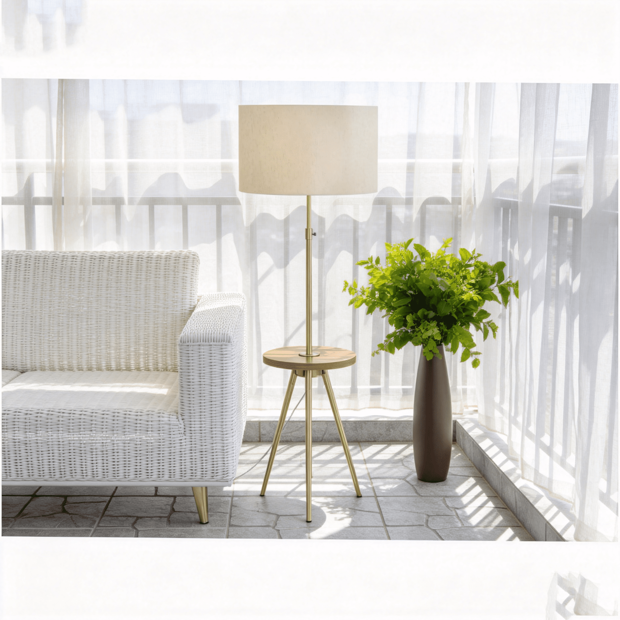 JERFIT Modern Tripod Floor Lamp with Side Table, Adjustable Reading Light for Living Room, Bedroom, Office, Gold Metal, Ivory Drum Shade