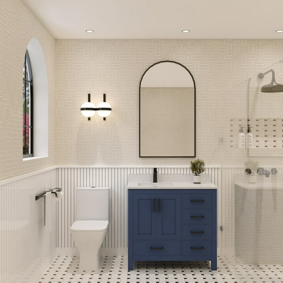 Ayna Decors Rooh 36 in Navy Blue Bathroom Vanity Set with White Quartz Countertop | Ceramic Sink | 2 Soft Closing Doors | 5 Full Extention Soft Close Drawer | Black Hardware