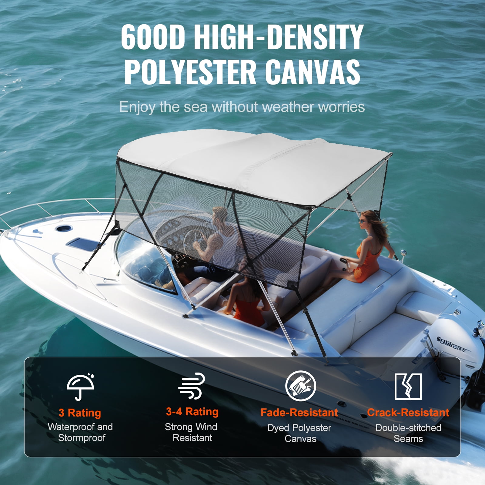 KFFKFF 4 Bow Bimini Top Boat Cover Detachable Mesh Sides 600D with Frame 91"-96"W