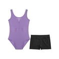 thumbnail image 3 of Moggemol Kids Girls Sheer Mesh Patchwork V-Back Dance Unitards Solid Color Sleeveless Bodysuit with Botty Shorts Set Purple 12, 3 of 7