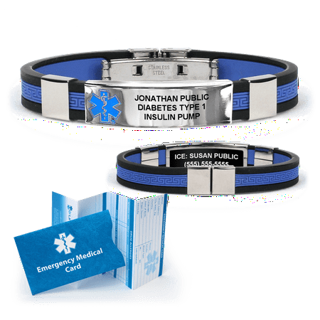 Medical Medical Id Bracelet - DESIGNER Series -Large Greek Keystone Inset Medical Alert ID Bracelet. Custom Engraved! Choose Color!